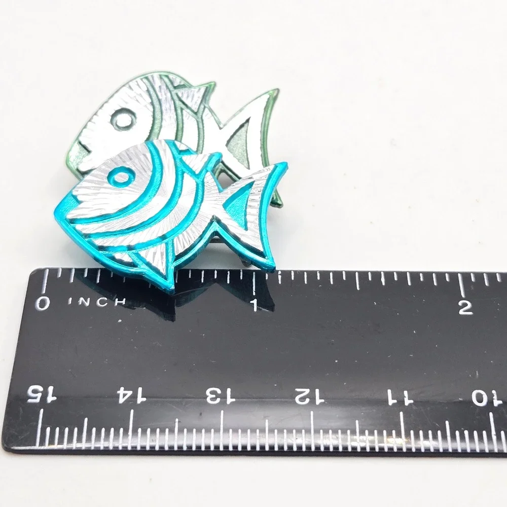 Vintage Made in‎ Germany Etched Metal Fish Brooch Pin Set Teal Green Geometric